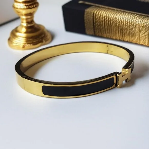 18k Gold Plated White Enamel H Logo Luxury Designer Bangle Bracelet